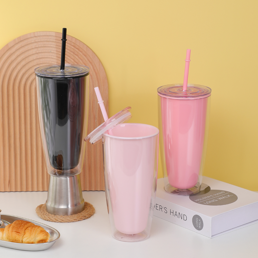 Ευρύ στόμα επαναχρησιμοποιούμενο μπουκάλι νερού Πλαστικό ποτήρι διπλού τοιχώματος με καπάκι και άχυρο