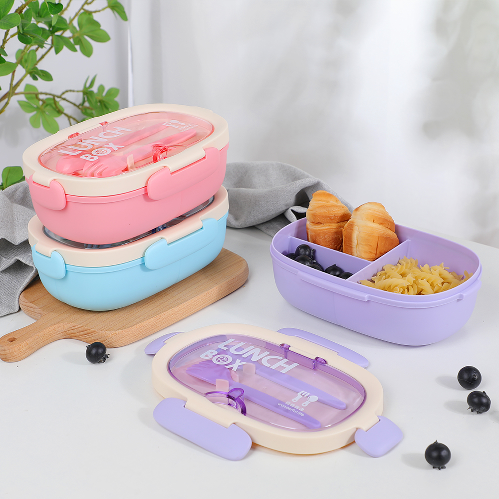 BPA 무료 어린이 도시락 상자 플라스틱 식품 용기 휴대용 도시락 상자(칼 세트 포함)