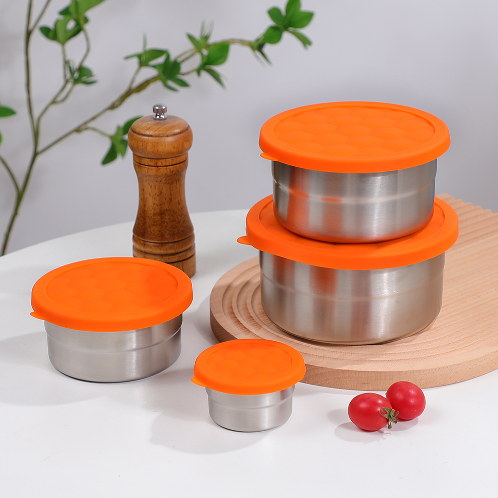 حاويات مستديرة من الفولاذ المقاوم للصدأ، حاويات تخزين طعام معدنية مانعة للتسرب مع أغطية من السيليكون