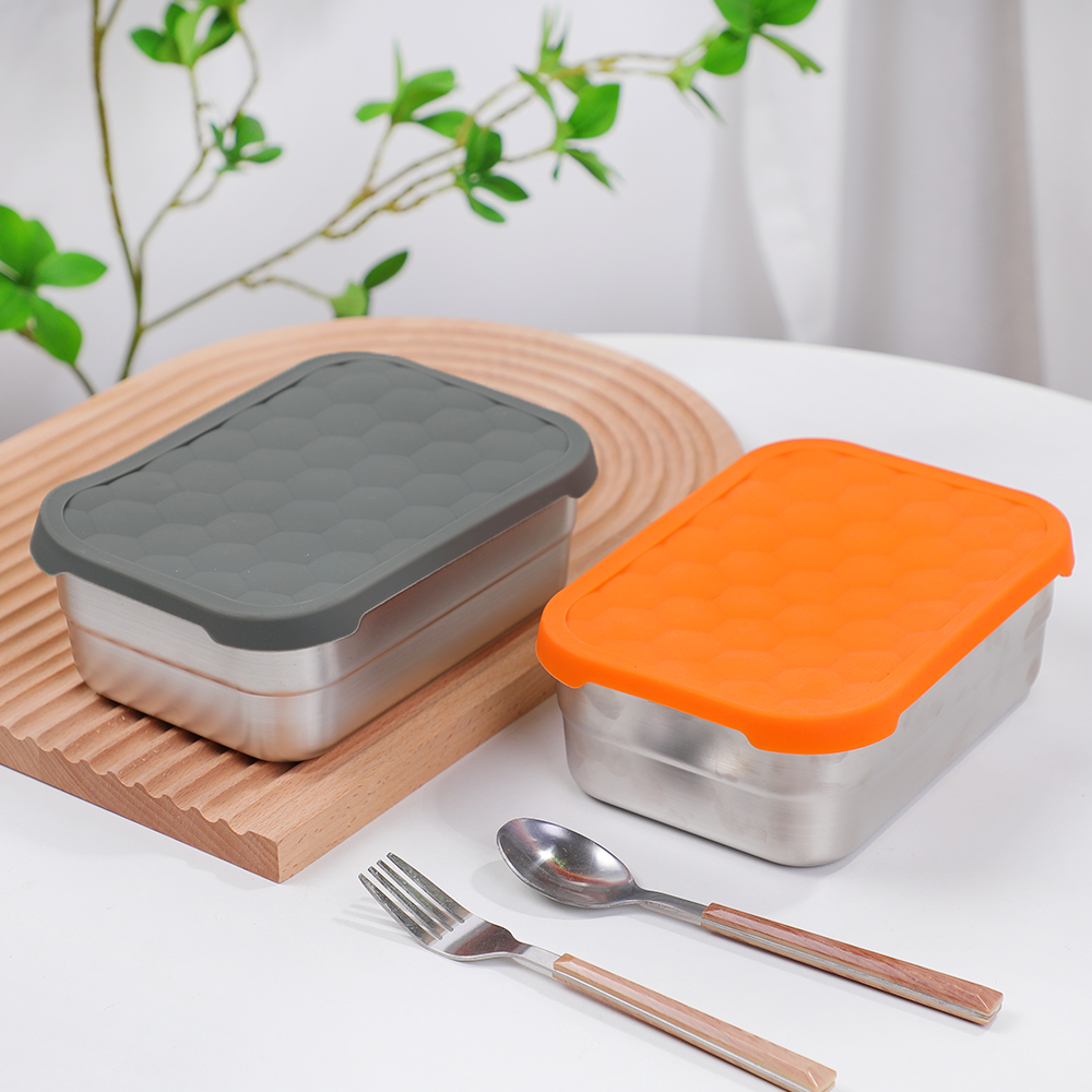 حاويات مستطيلة من الفولاذ المقاوم للصدأ، حاويات معدنية لتخزين المواد الغذائية مانعة للتسرب مع أغطية من السيليكون