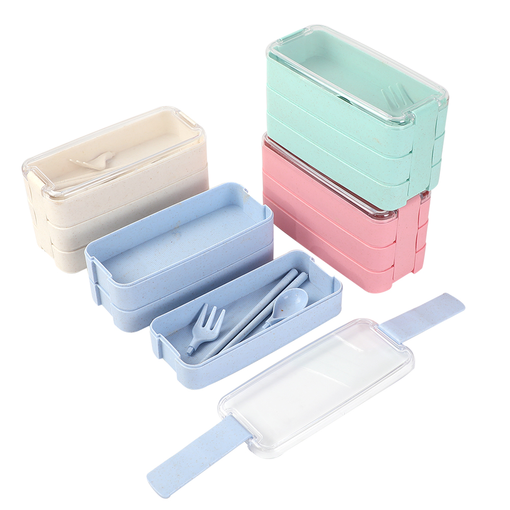 3-warstwowe, wszechstronne pudełko śniadaniowe ze słomy pszennej z zestawem przybor&oacute;w